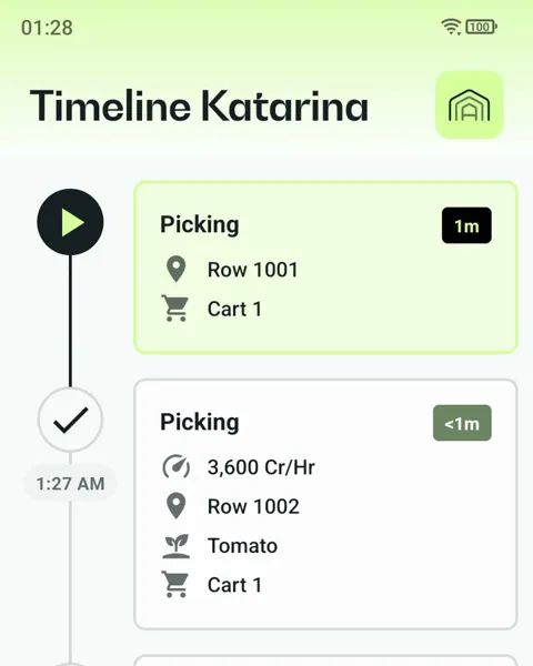 Die eigene Zeitleiste eines Mitarbeiters in der Agromigo Crew app